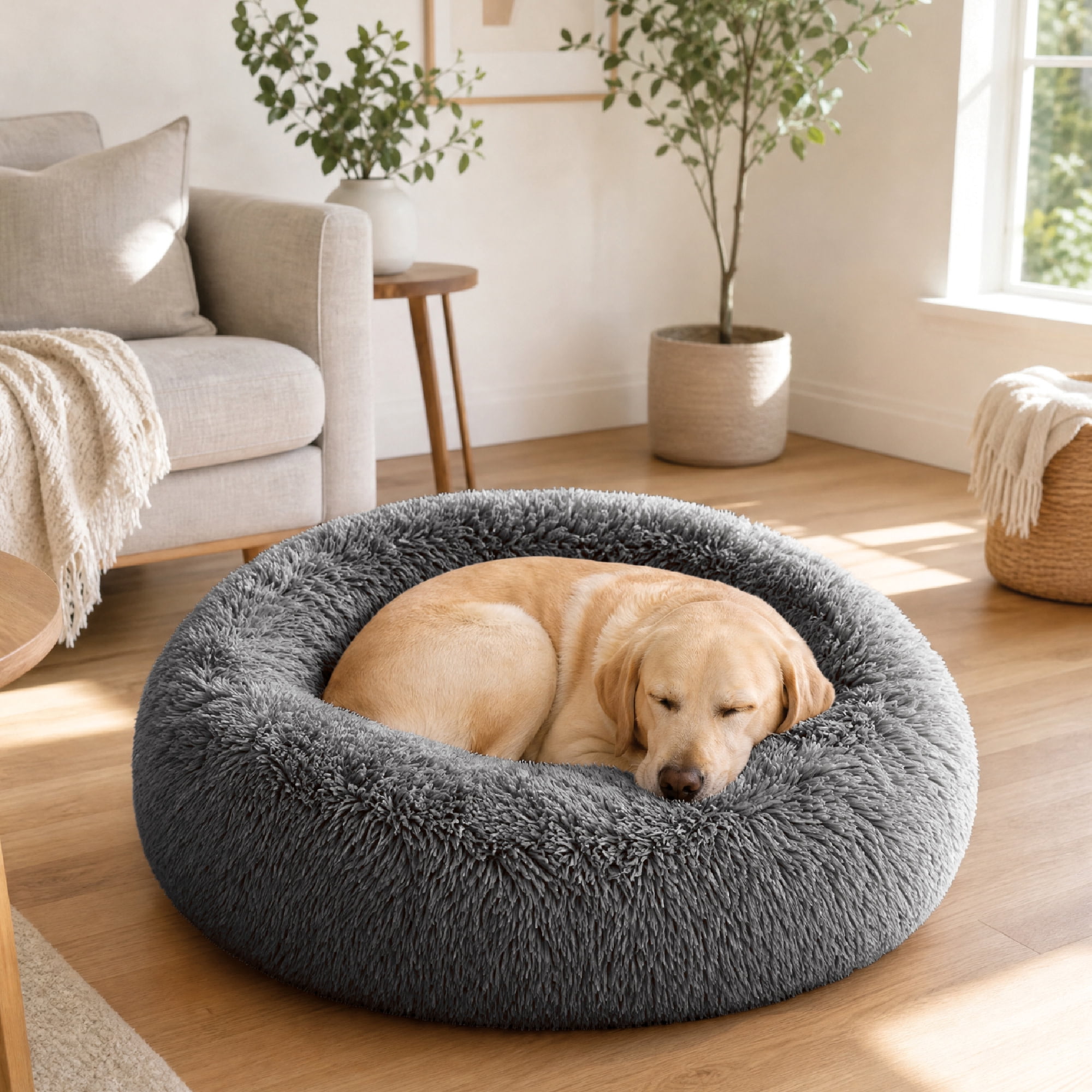 Furhaven 36" Round Calming Donut Dog Bed with Washable & Removable Cover & Bolster - Shaggy Plush Long Faux Fur Ball Bed - Mist Gray, For Dogs Up to 75 lbs, Large
