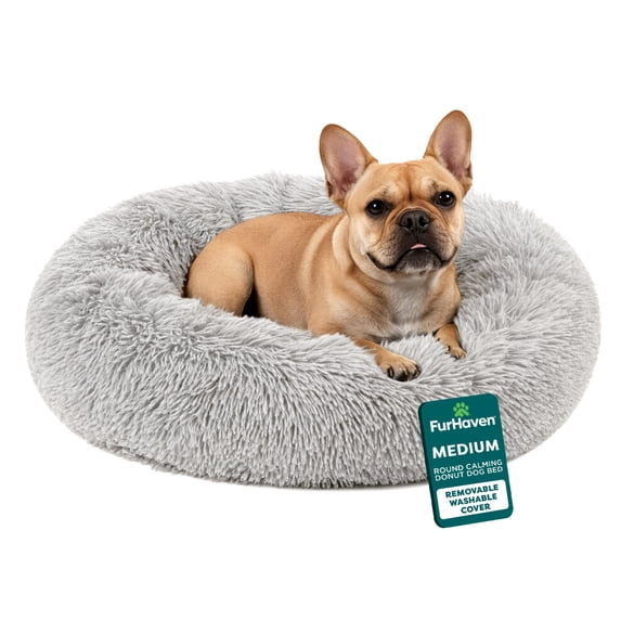 FurHaven Calming Donut Dog Bed for Medium Dogs, Round Plush Donut with Soft Filling for Snuggling Comfort, Removable Washable Cover, Medium, Shaggy Faux Fur, Mist Gray