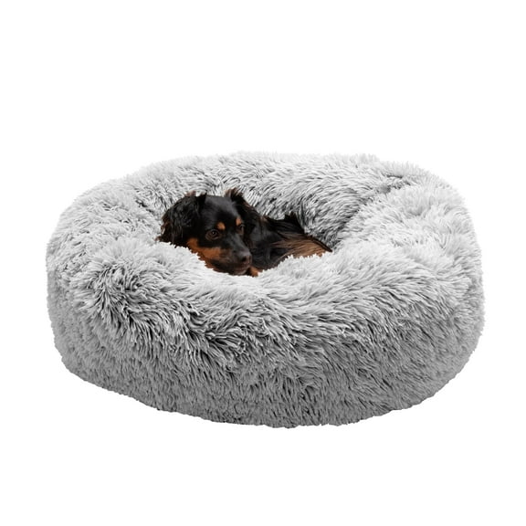 Furhaven 30" Round Calming Donut Dog Bed with Washable & Removable Cover & Bolster - Shaggy Plush Long Faux Fur Ball Bed -Mist Gray, For Dogs Up to 45 lbs, Medium
