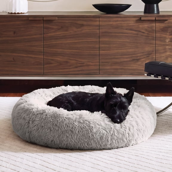 FurHaven Pet Products Calming Cuddler Long Fur Donut Pet Bed for Dogs & Cats - Mist Gray, Small