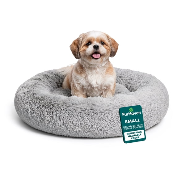 Furhaven 23" Round Calming Donut Dog Bed with Washable & Removable Cover & Bolster - Shaggy Plush Long Faux Fur Ball Bed - Mist Gray, For Dogs Up to 20 lbs, Small