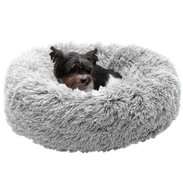 Furhaven 23" Round Calming Donut Dog Bed with Washable & Removable Cover & Bolster - Shaggy Plush Long Faux Fur Ball Bed - Mist Gray, For Dogs Up to 20 lbs, Small