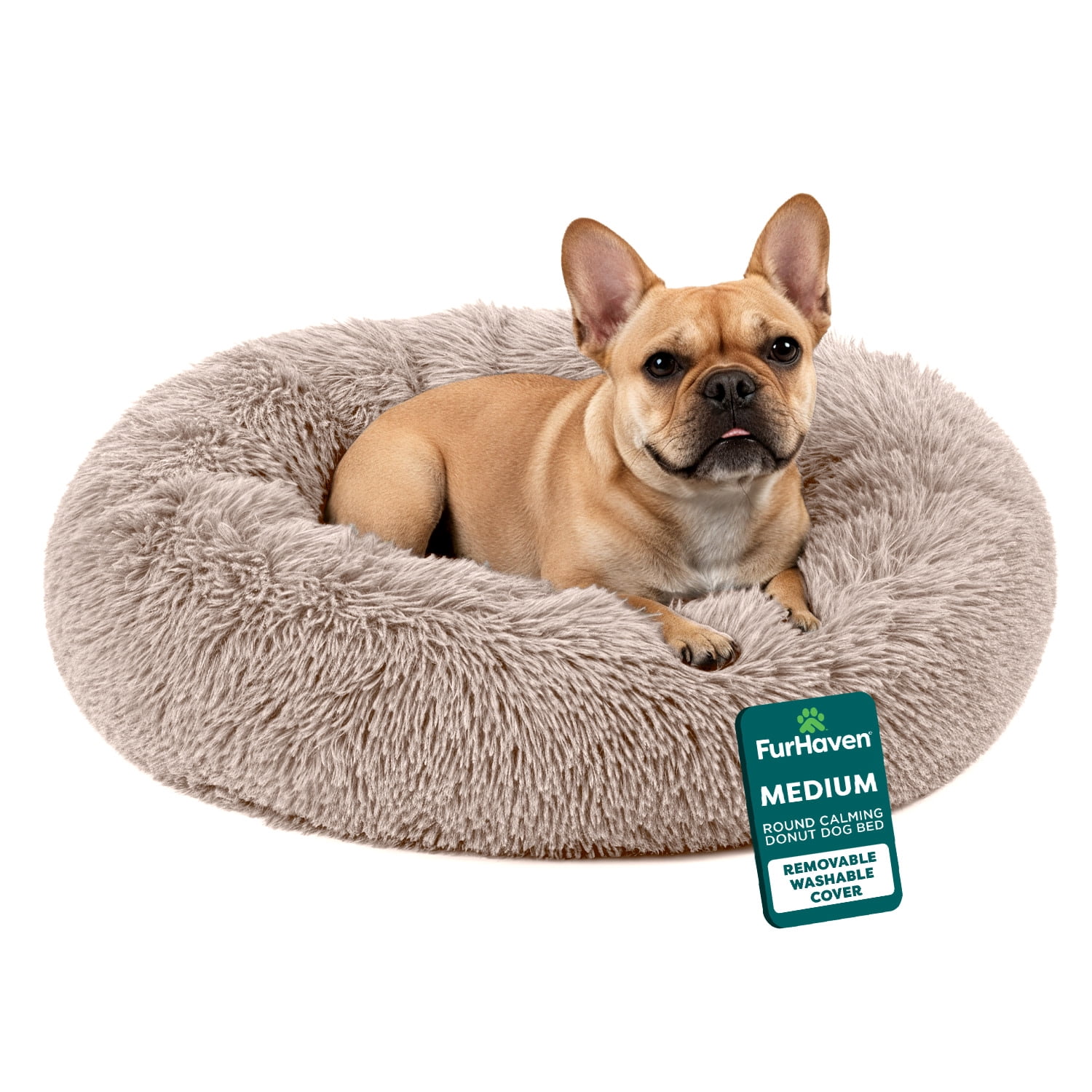 Furhaven 30" Round Calming Donut Dog Bed with Washable & Removable Cover & Bolster - Shaggy Plush Long Faux Fur Ball Bed - Taupe, For Dogs Up to 45 lbs, Medium