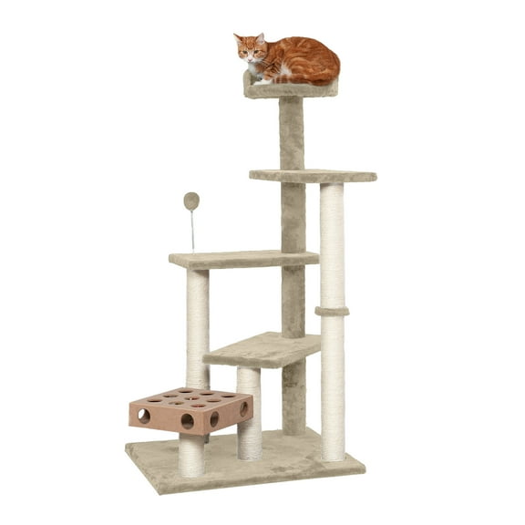 FurHaven Pet Products Cat Furniture Play Stairs with Cat-IQ Busy Box - Cream, 49.5"