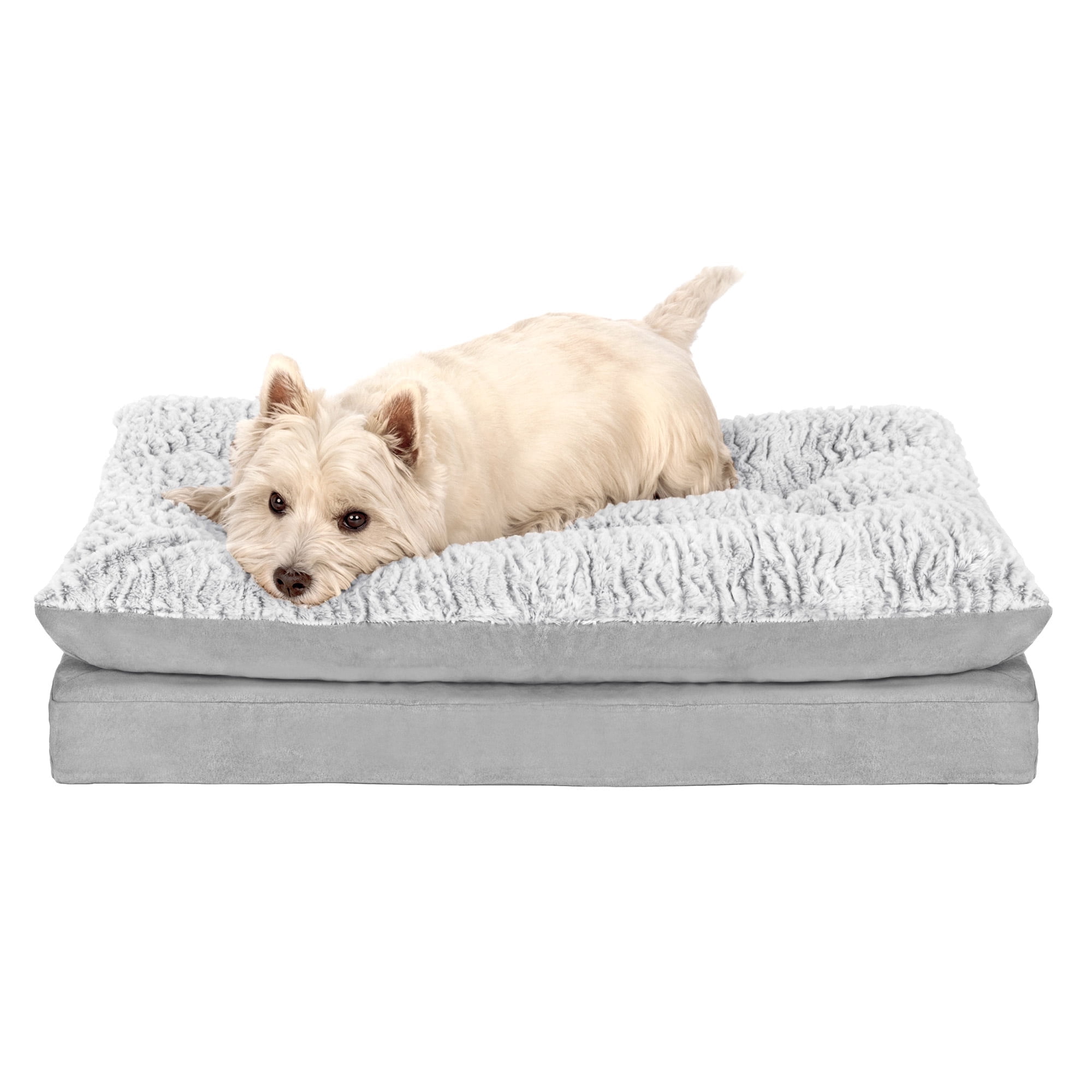 FurHaven Pet Products Embossed Faux Fur & Suede Orthopedic Pillow Top Mattress Pet Bed for Dogs & Cats - Gray, Medium