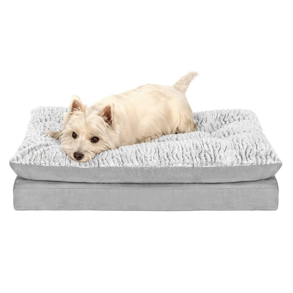FurHaven Pet Products Embossed Faux Fur & Suede Orthopedic Pillow Top Mattress Pet Bed for Dogs & Cats - Gray, Medium