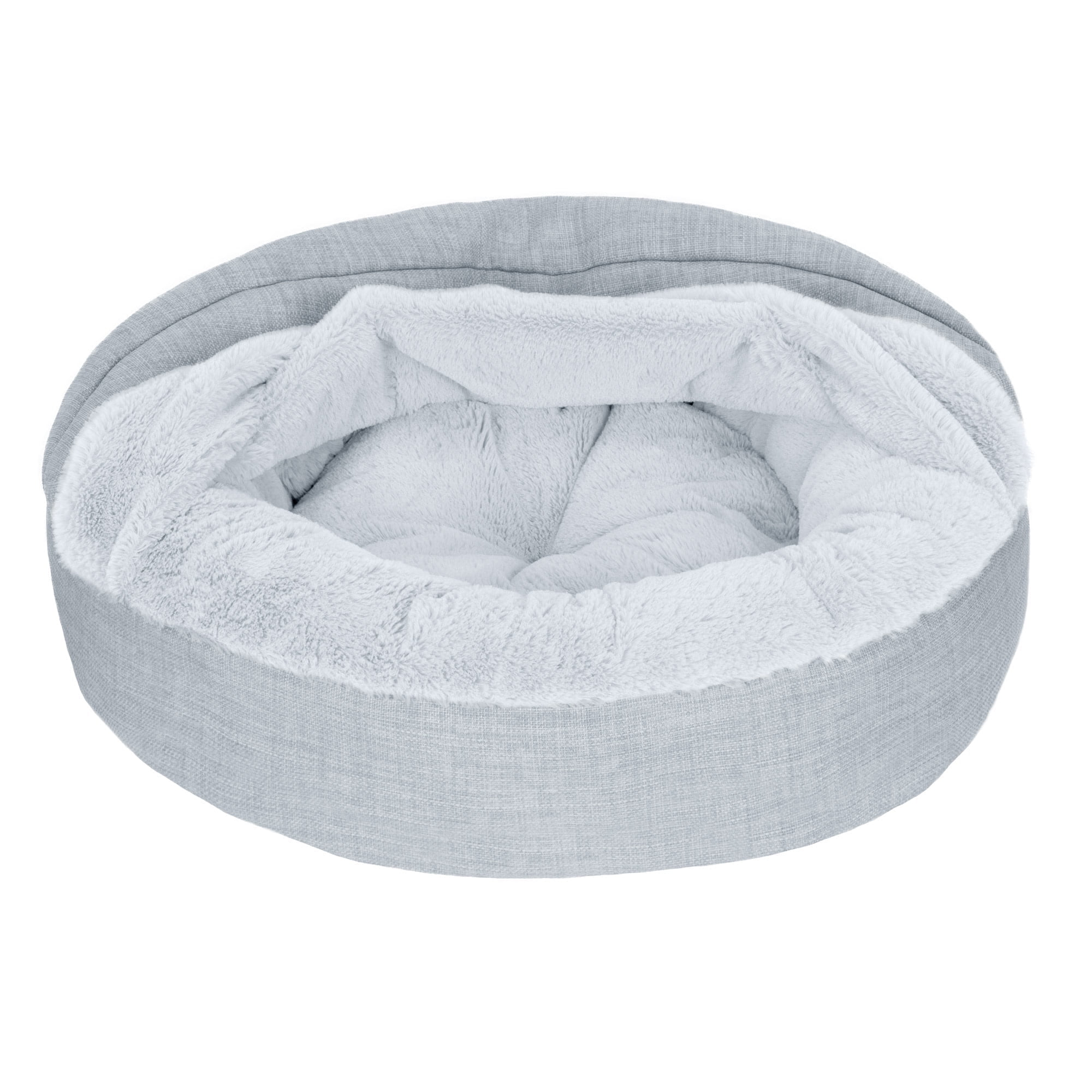 X-Small Mist Gray Plush and Linen Hooded Donut Pet Bed