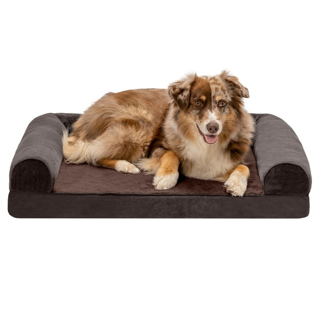 FurHaven Pet Products Faux Fleece & Chenille Cooling Gel Top Sofa Pet Bed for Dogs & Cats - Coffee, Large