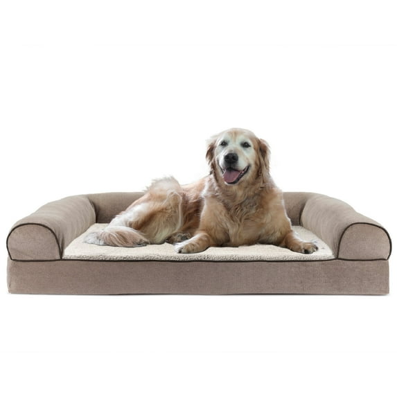 FurHaven Pet Products Faux Fleece & Chenille Cooling Gel Top Sofa Pet Bed for Dogs & Cats - Cream, Jumbo