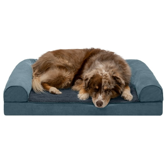 FurHaven Pet Products Faux Fleece & Chenille Cooling Gel Top Sofa Pet Bed for Dogs & Cats - Orion Blue, Large