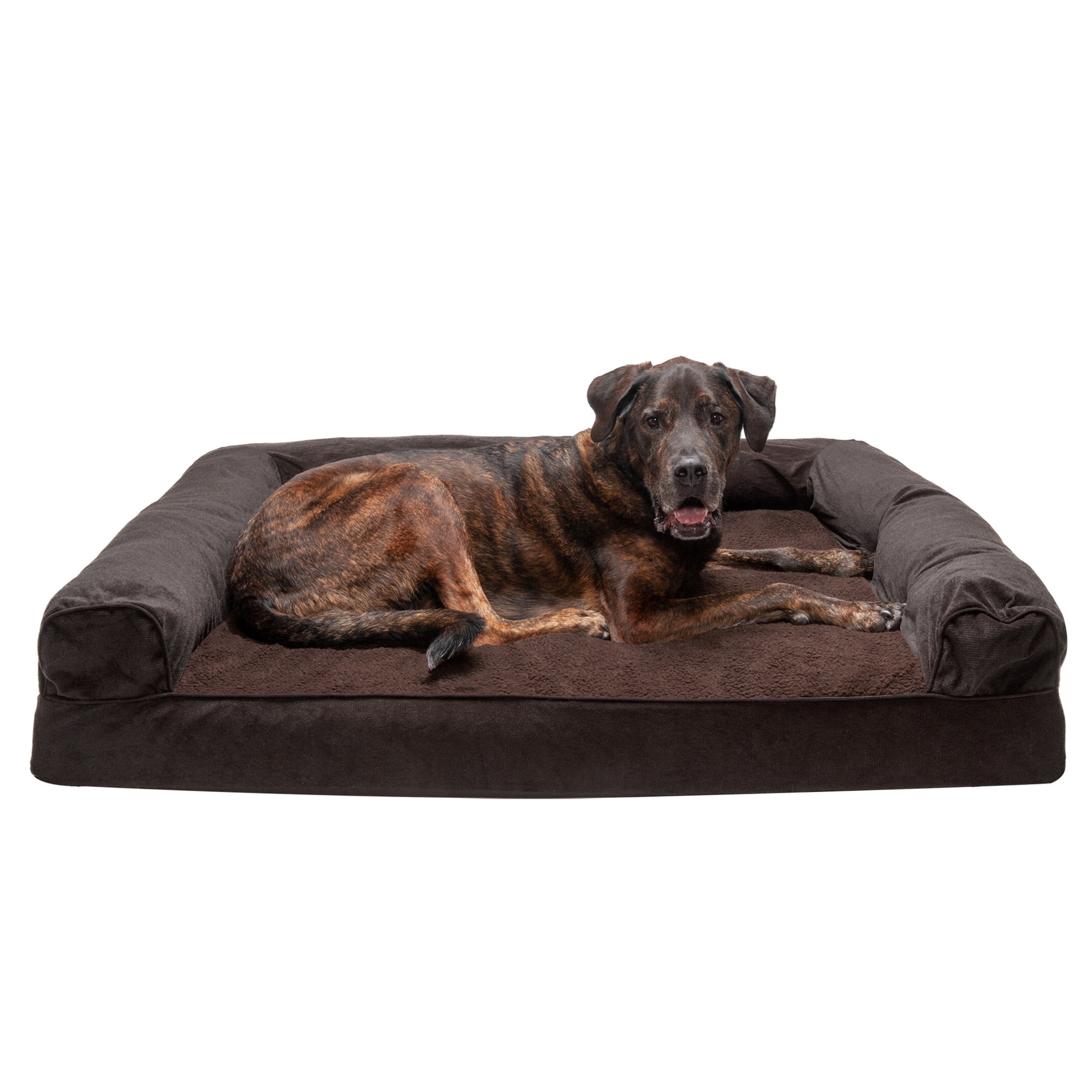 FurHaven Pet Products Faux Fleece & Chenille Memory Top Sofa Pet Bed for Dogs & Cats - Coffee, Jumbo Plus