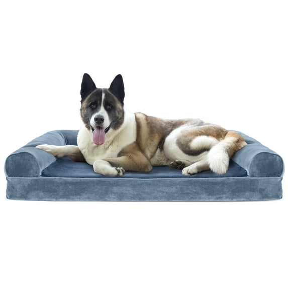 FurHaven Pet Products Faux Fur & Velvet Cooling Gel Memory Foam Sofa-Style Pet Bed for Dogs & Cats - Harbor Blue, Jumbo