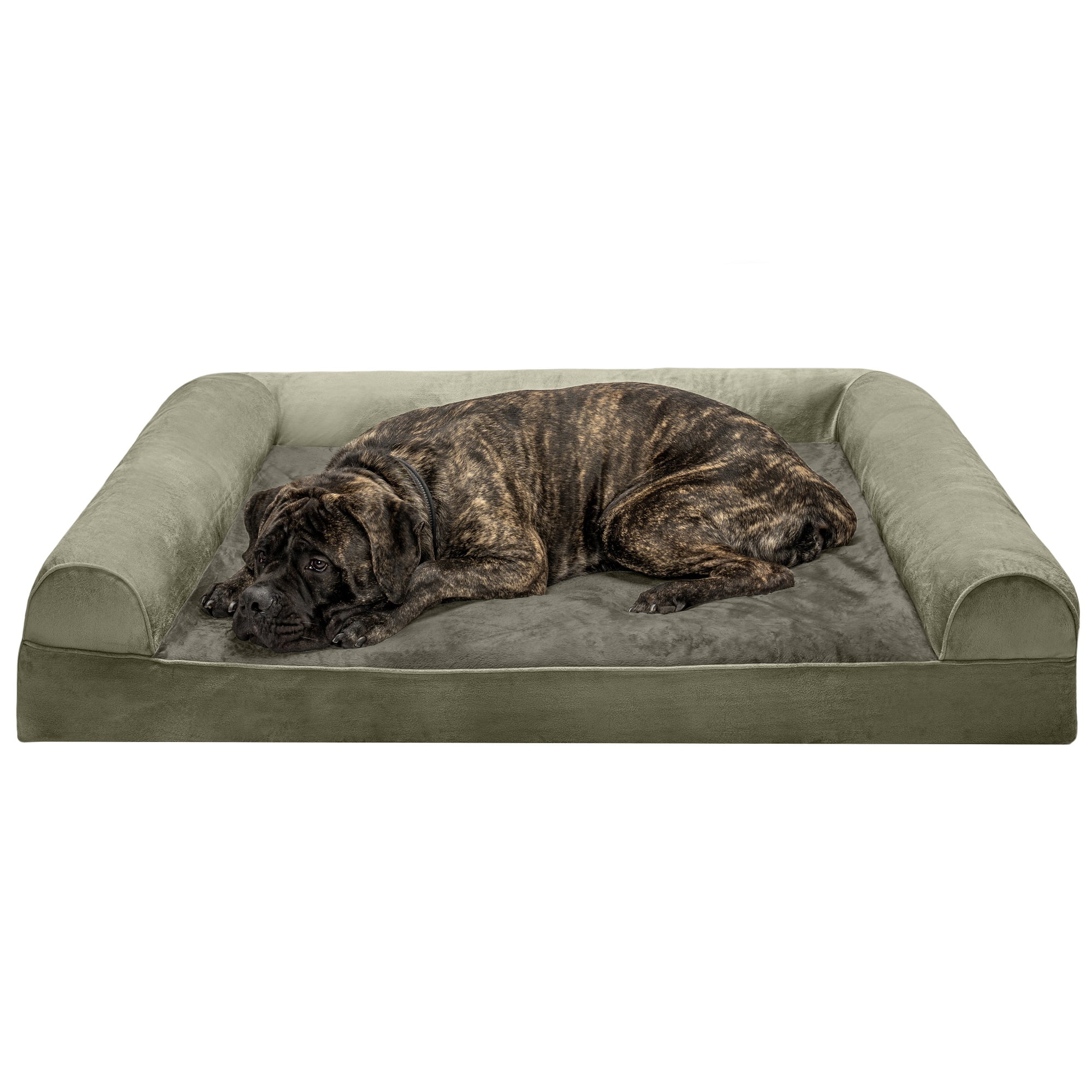 FurHaven Classic Sofa Orthopedic Dog Bed for Joint Support, Removable Washable Cover, Jumbo Plus/XXL, Faux Fur & Velvet, Dark Sage, 1 Count