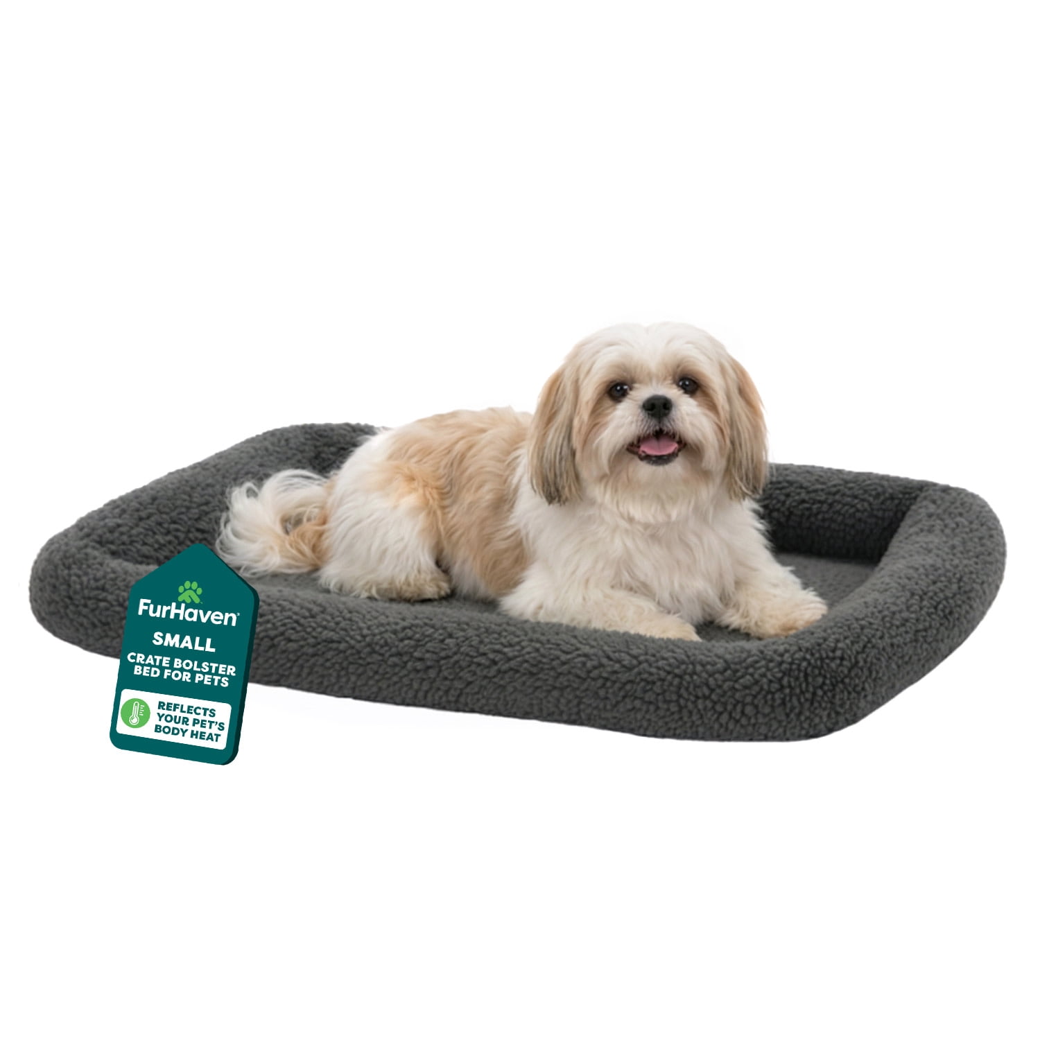 FurHaven Pet Products Faux Lambswool Bolster Crate Pet Bed - Gray, Small