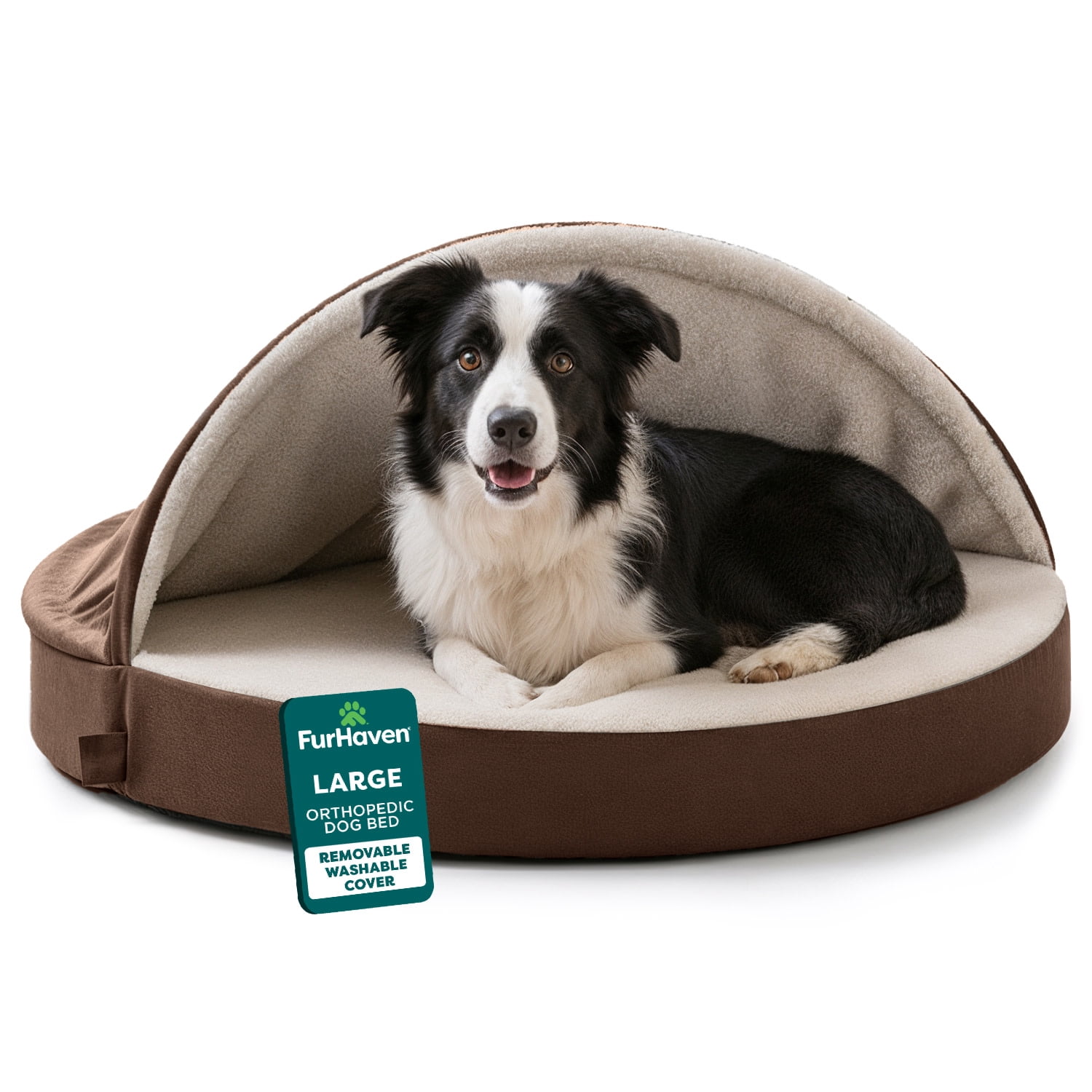 FurHaven Round Orthopedic Dog Bed for Large Dogs, Cool Gel-Top Foam with a Solid Orthopedic Foam Base, Attached Blanket Hood and Washable Cover, Large, Faux Lambswool & Suede Snuggery, Espresso, 1 Co