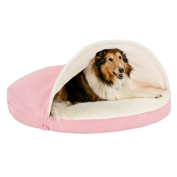 FurHaven Pet Products Faux Sheepskin Cooling Gel Top Snuggery Burrow Pet Bed for Dogs & Cats - Pink, 44" Base