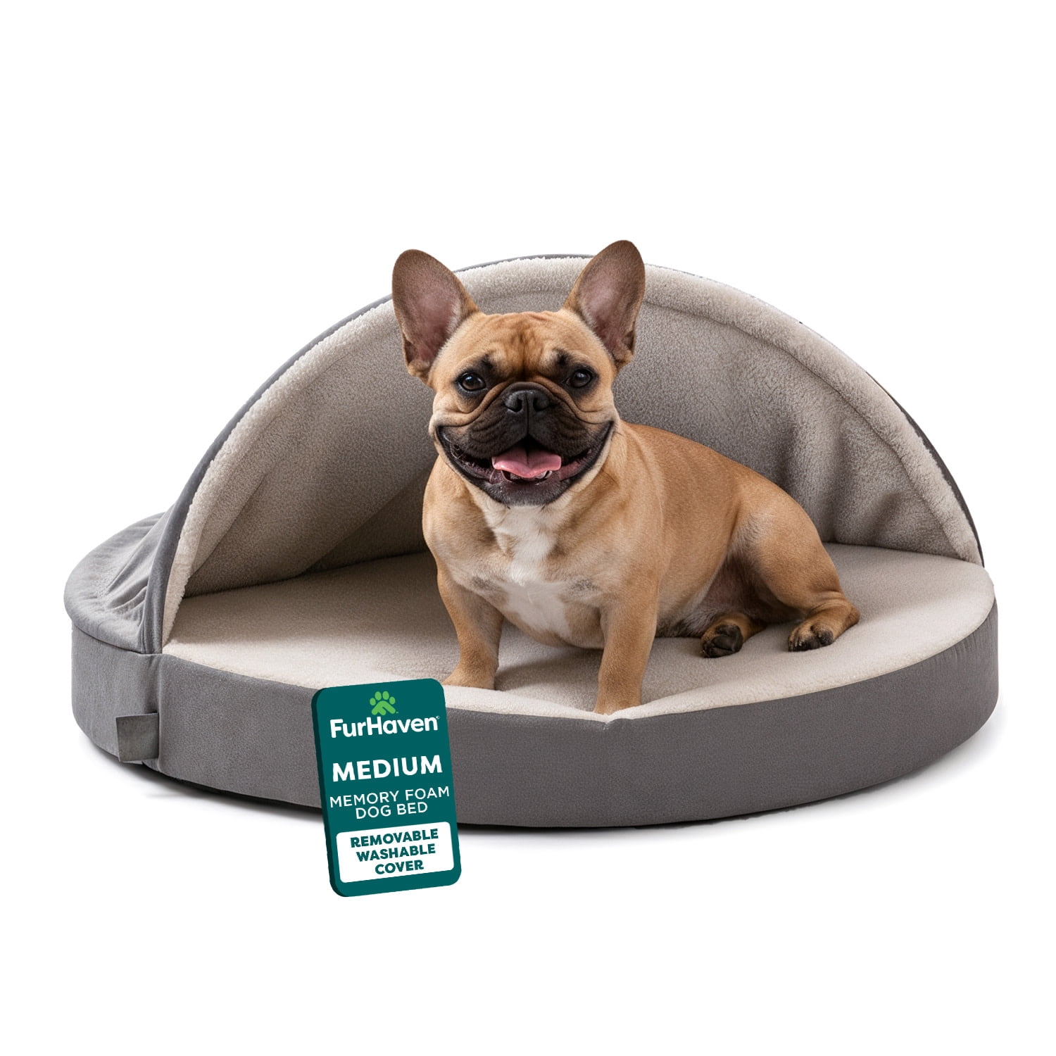 FurHaven Round Orthopedic Dog Bed for Medium Dogs, Memory-Top Foam with a Solid Orthopedic Foam Base, Attached Blanket Hood and Washable Cover, Medium, Faux lambswool & Suede Snuggery, Gray