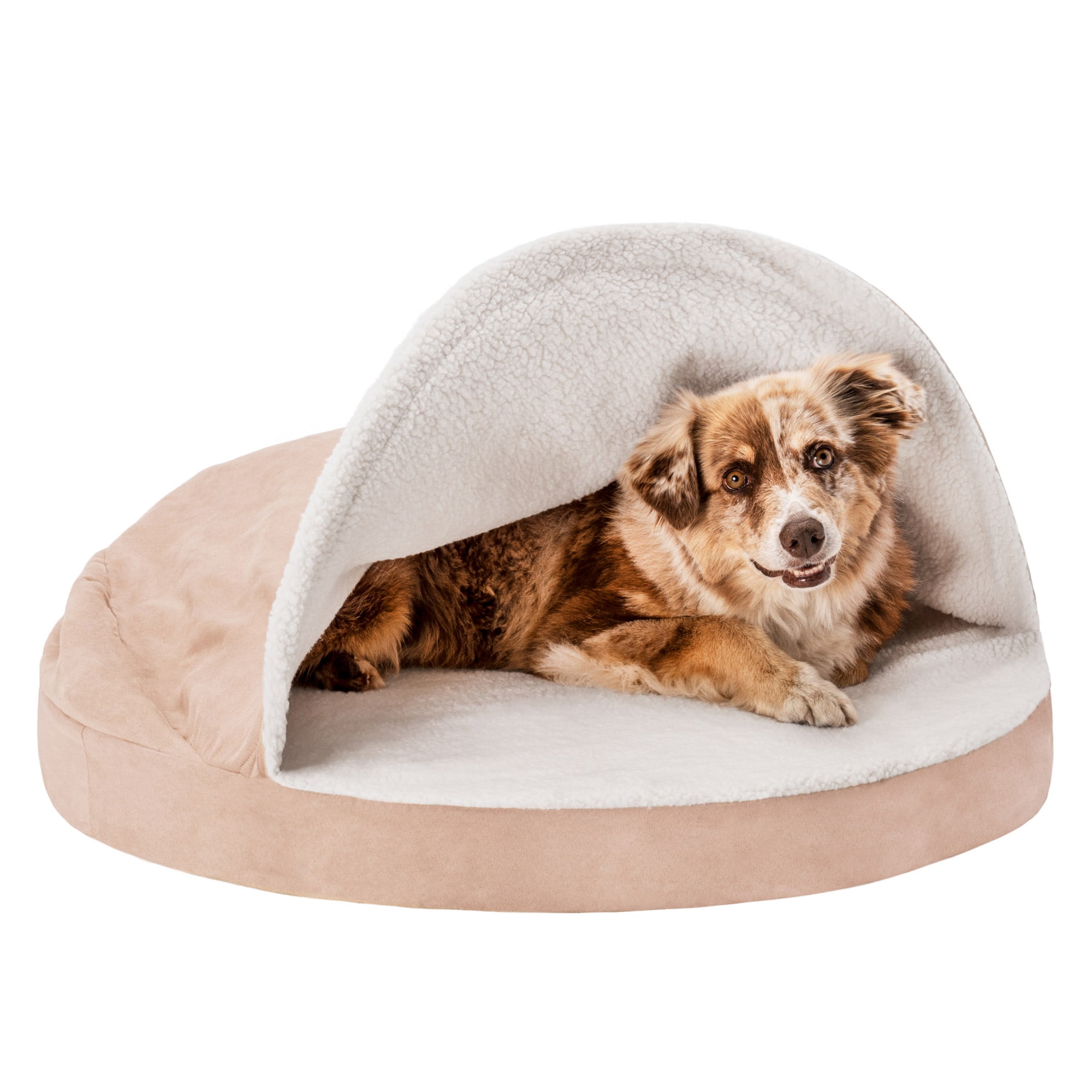 Large Cream Faux Sheepskin Orthopedic Hooded Dog Bed