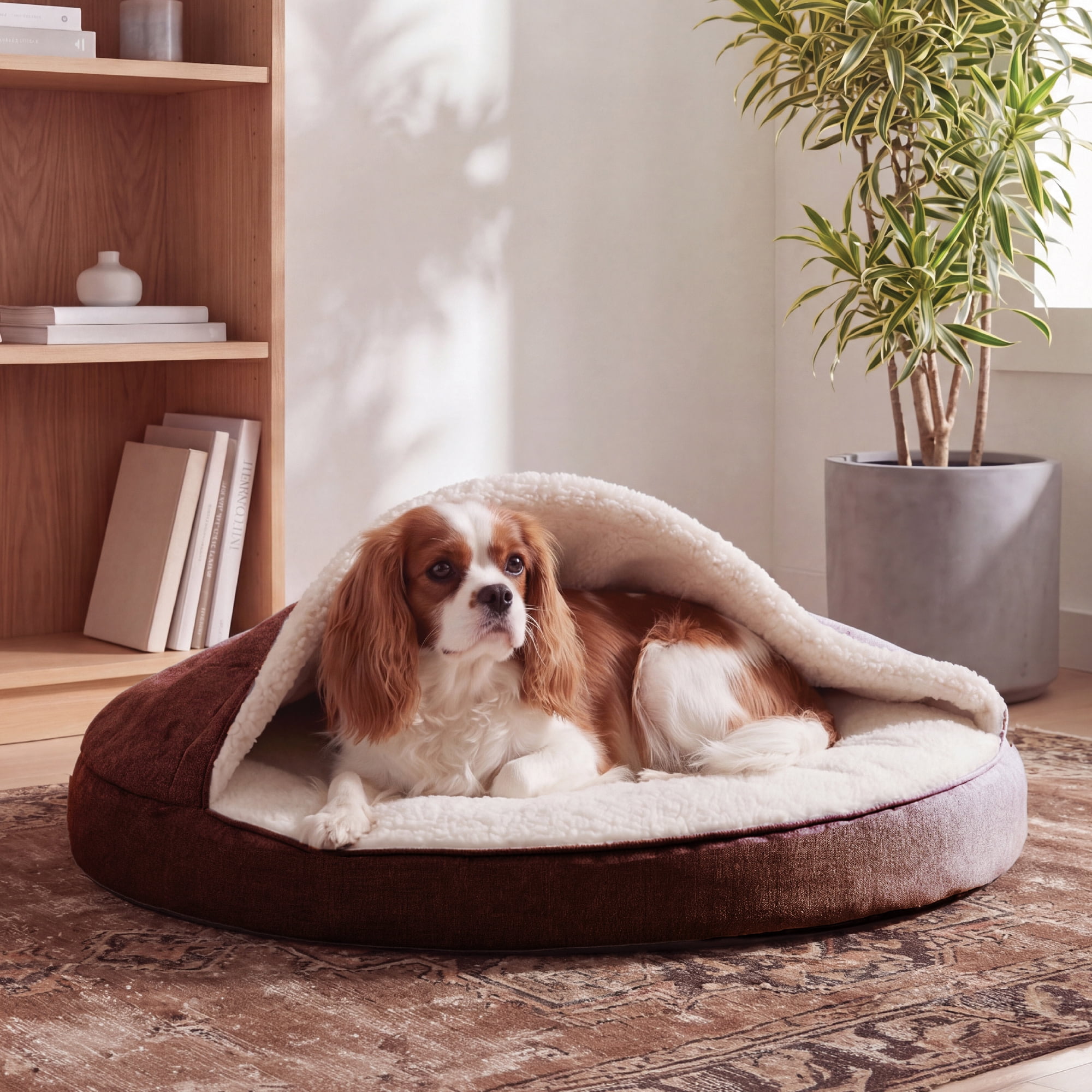 FurHaven Round Orthopedic Dog Bed for Medium Dogs, Egg Crate with a Solid Orthopedic Foam Base with Attached Blanket Hood and Removable Washable Cover, Medium, Sherpa & Suede Snuggery, Espresso