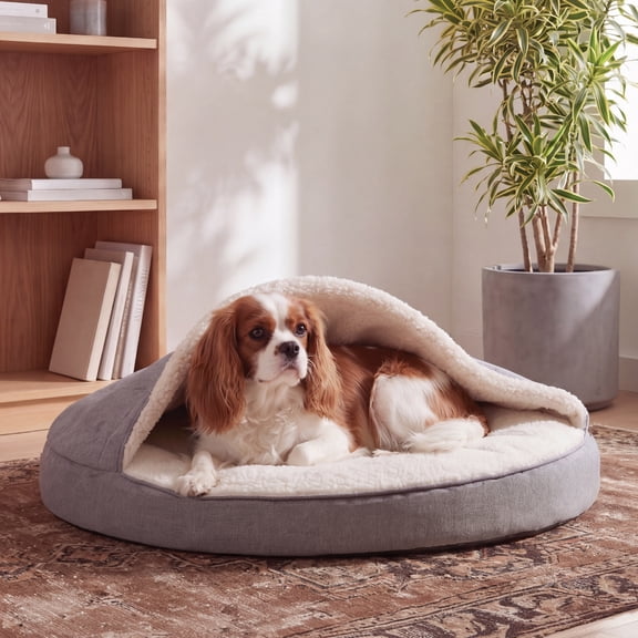 Furhaven 26" Round Orthopedic Dog Bed Sherpa & Suede Snuggery w/ Removable Washable Cover - Gray, 26-inch Faux Lambswool & Suede Gray 26 inch Snuggery (Orthopedic Foam)