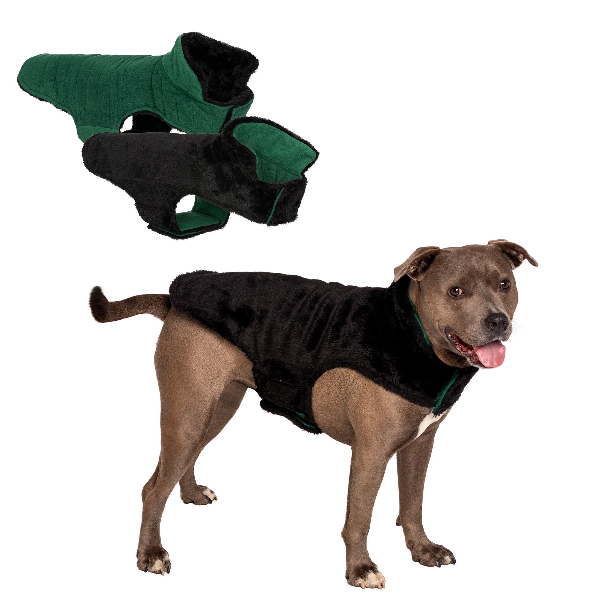 Medium Black and Green Reversible Faux Fur Dog Coat