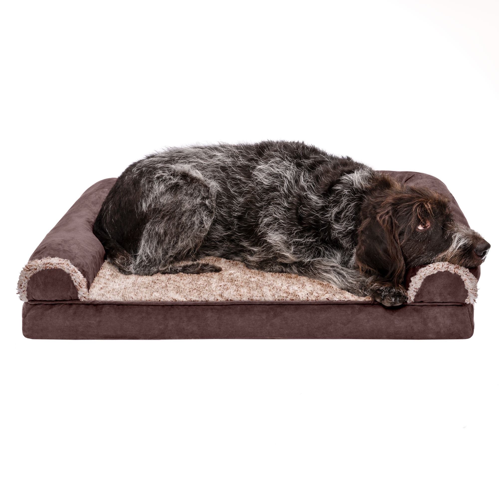 FurHaven Two-Tone Faux Fur & Suede Full Support Orthopedic Sofa Pet Bed for Dogs & Cats - Large, Espresso