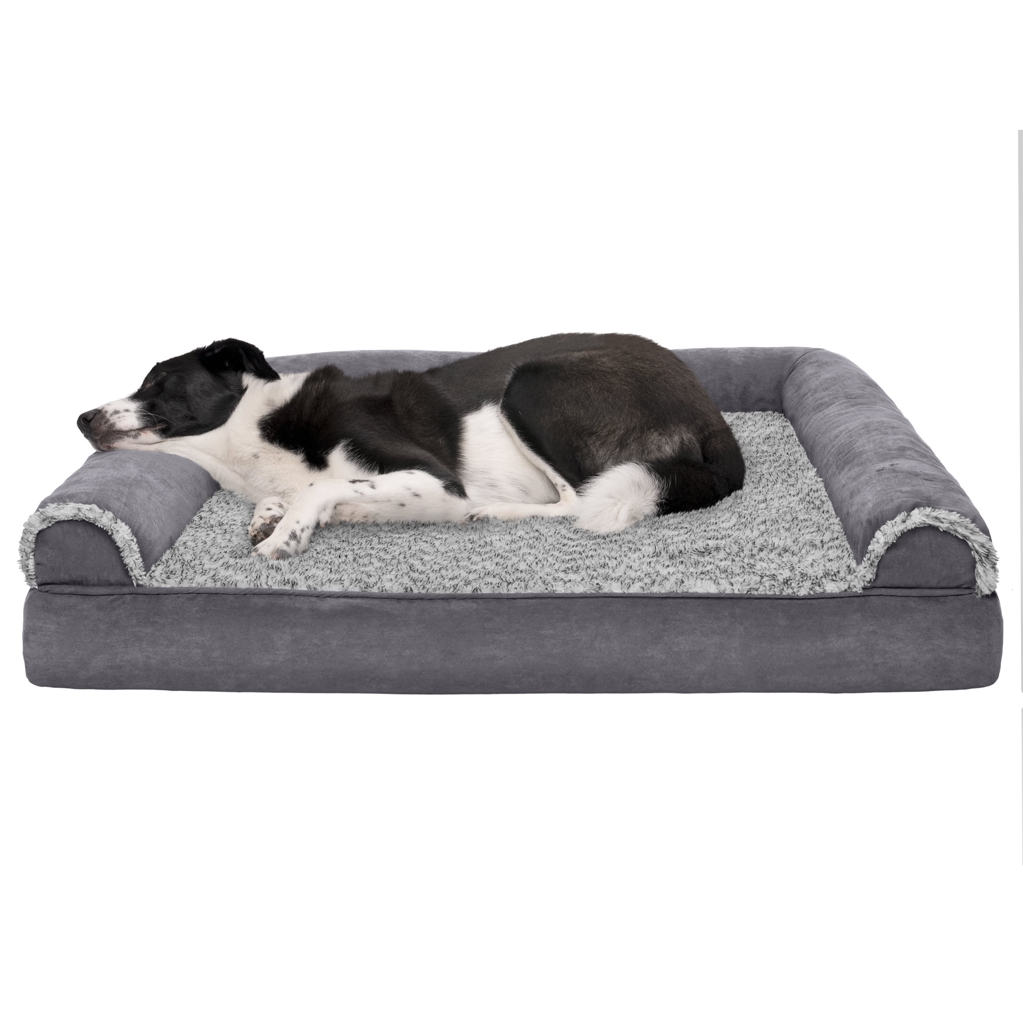 FurHaven Two-Tone Faux Fur & Suede Full Support Orthopedic Sofa Pet Bed for Dogs & Cats - Jumbo, Stone Gray
