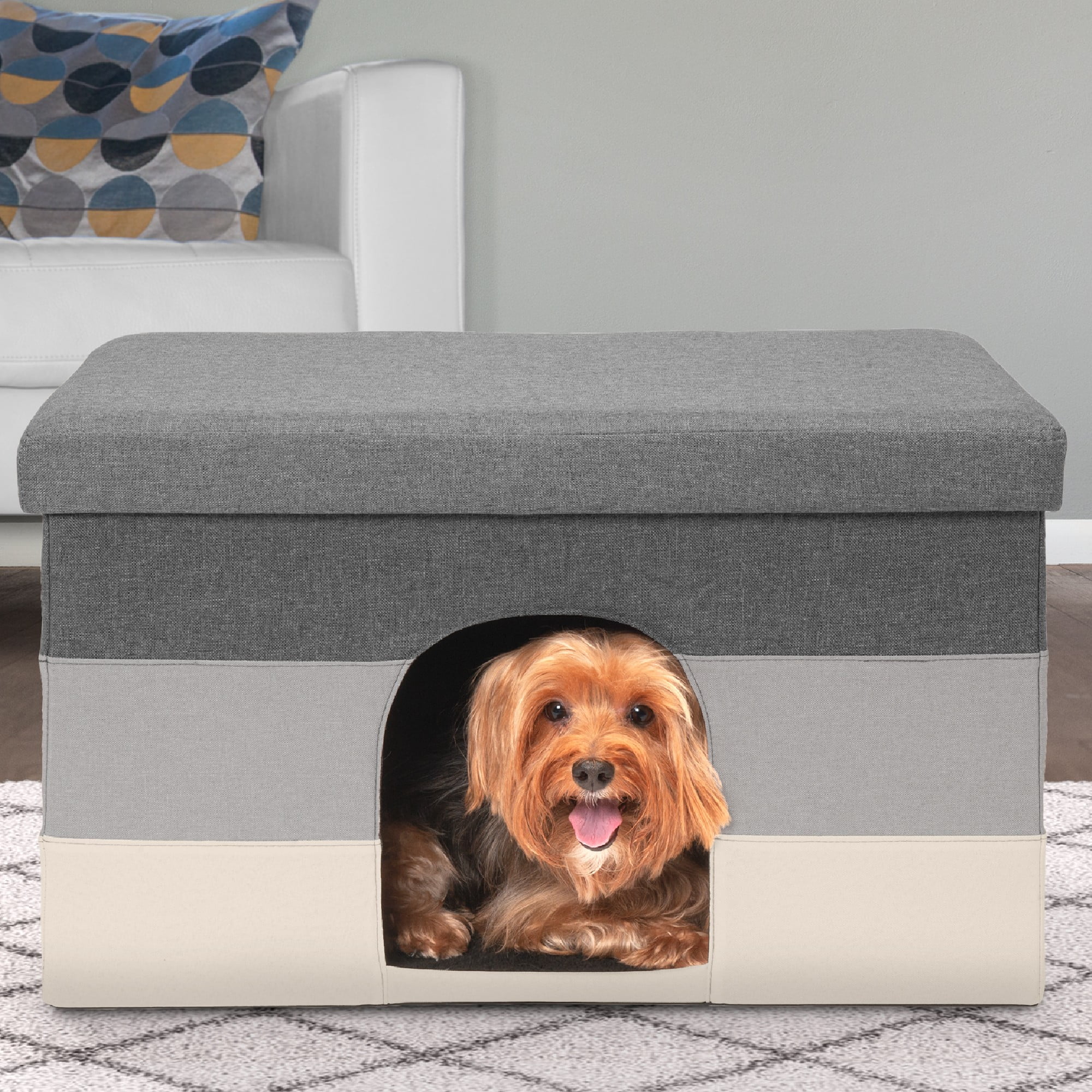 Large Gray and Cream Striped Pet House Ottoman