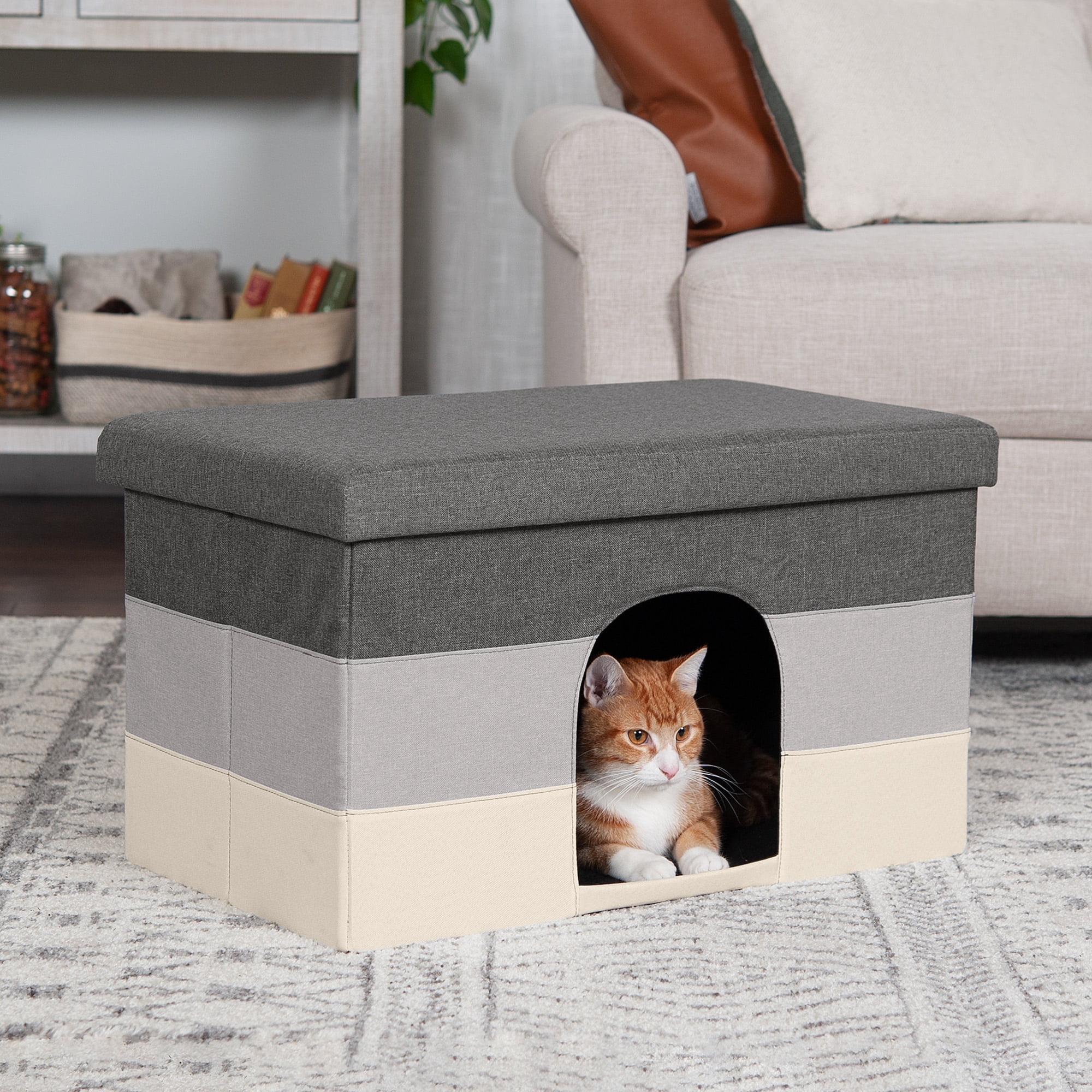 Large Gray and Cream Striped Pet House Ottoman