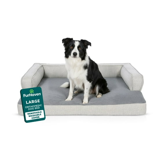 FurHaven Pet Products Large Plush & Decorator Check Orthopedic Comfy Couch Dog Bed, Gray
