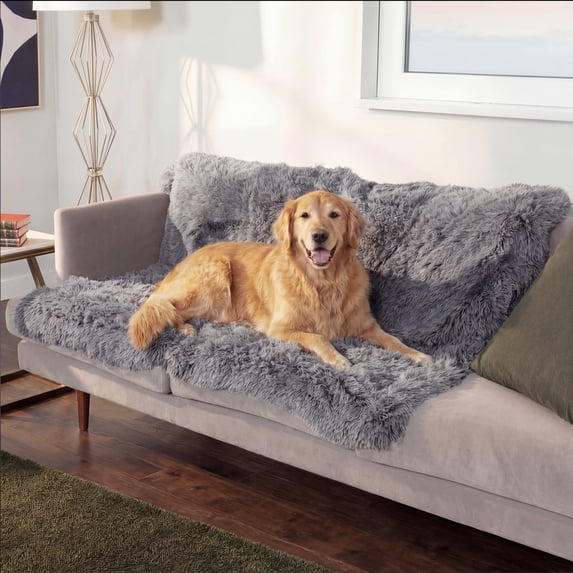 FurHaven Waterproof Throw Blanket For Dogs & Indoor Cats, Reversible Protective Pet Blanket, Extra Large, Long Faux Fur & Velvet, Gray