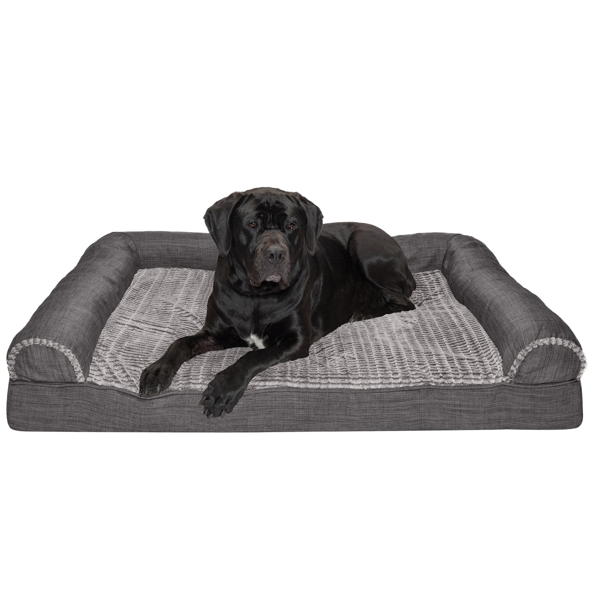 FurHaven Pet Products Luxe Fur & Performance Linen Cooling Gel Top Sofa Pet Bed for Dogs & Cats - Charcoal, Jumbo Plus