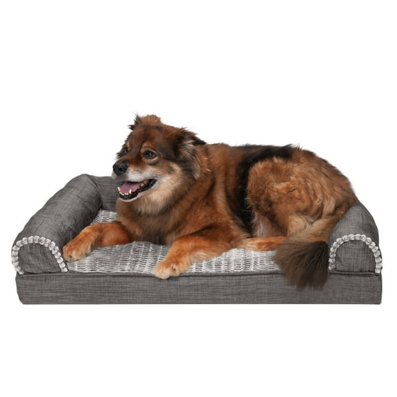 FurHaven Pet Products Luxe Fur & Performance Linen Cooling Gel Top Sofa Pet Bed for Dogs & Cats - Charcoal, Large