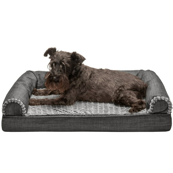 FurHaven Pet Products Luxe Fur & Performance Linen Cooling Gel Top Sofa Pet Bed for Dogs & Cats - Charcoal, Medium