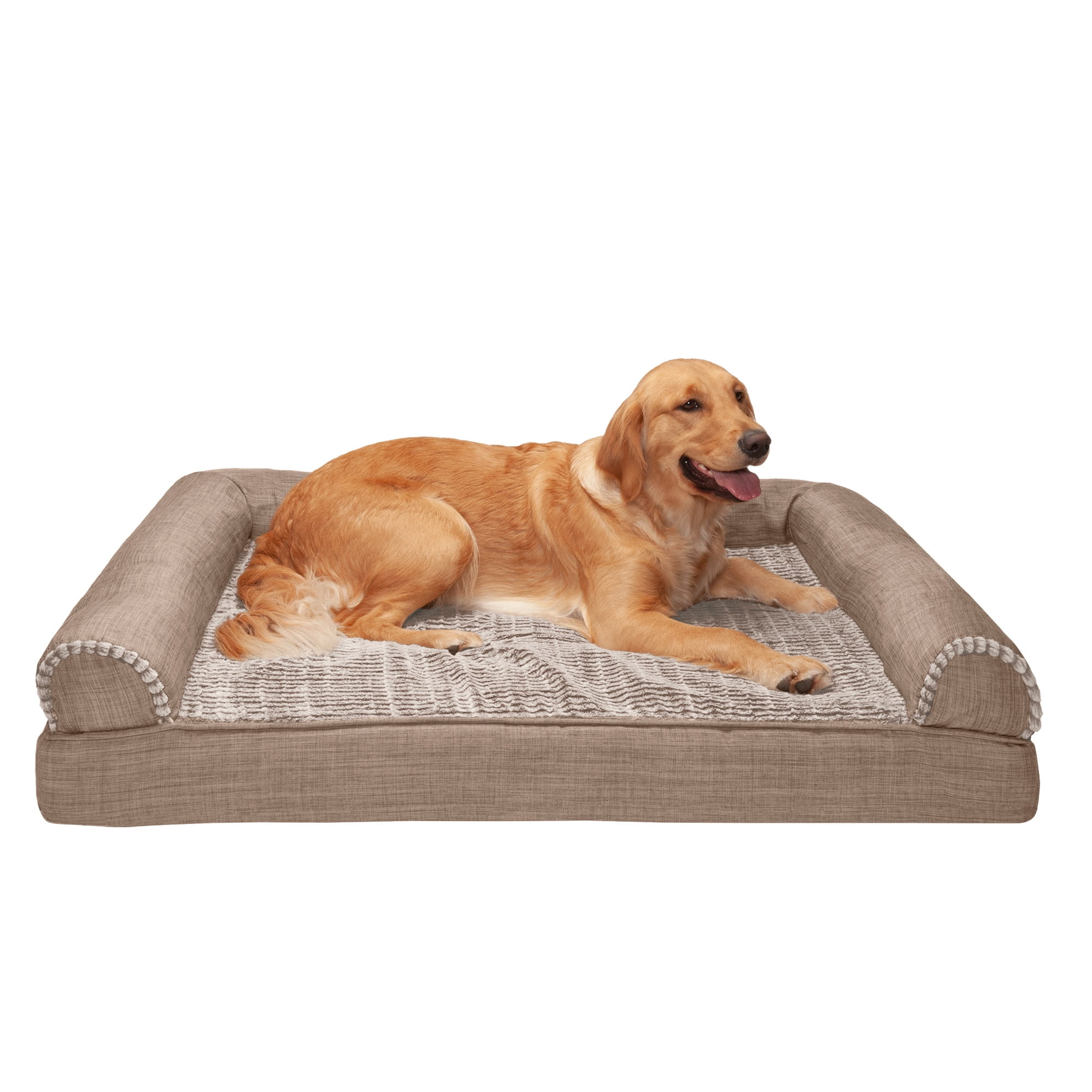 FurHaven Luxe Fur & Performance Linen Cooling Gel-Top Sofa Pet Bed, Woodsmoke, Jumbo, 1 Count