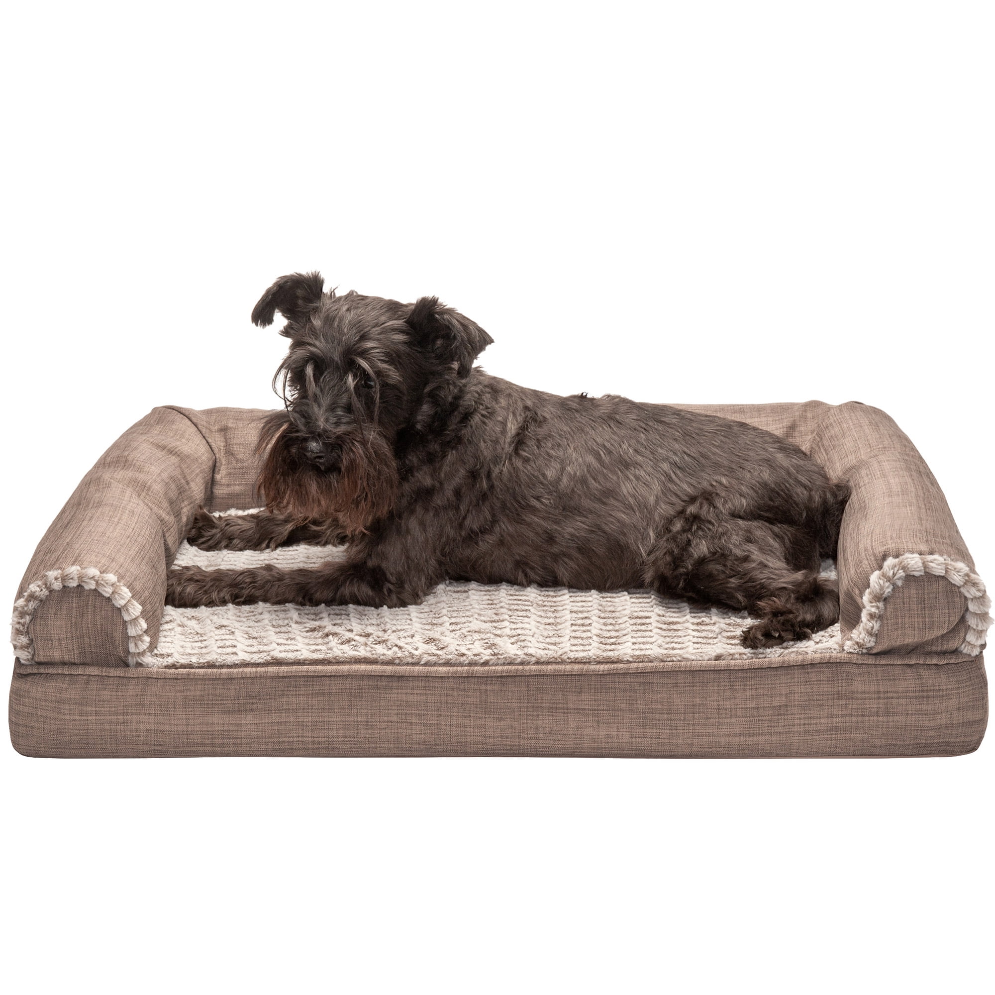 FurHaven Pet Products Luxe Fur & Performance Linen Cooling Gel Top Sofa Pet Bed for Dogs & Cats - Woodsmoke, Medium