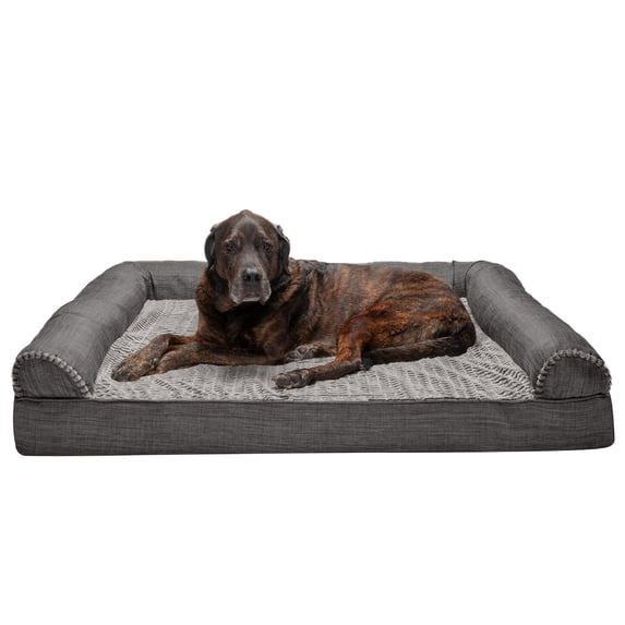 FurHaven Pet Products Luxe Fur & Performance Linen Memory Top Sofa Pet Bed for Dogs & Cats - Charcoal, Jumbo Plus