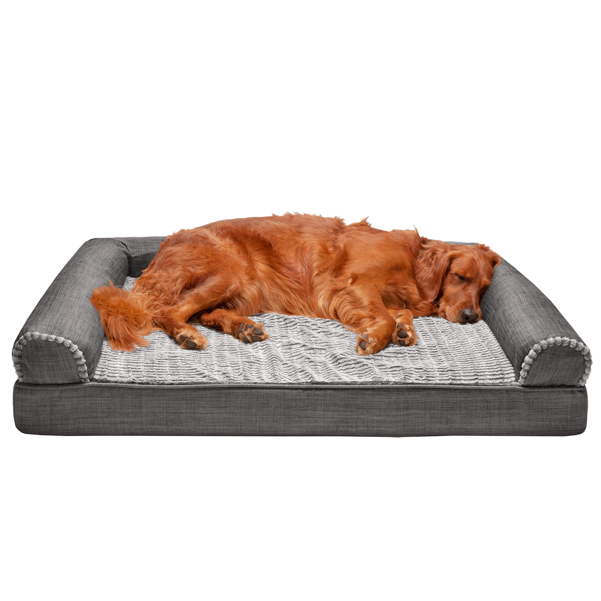 FurHaven Pet Products Luxe Fur & Performance Linen Memory Top Sofa Pet Bed for Dogs & Cats - Charcoal, Jumbo