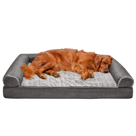 FurHaven Pet Products Luxe Fur & Performance Linen Memory Top Sofa Pet Bed for Dogs & Cats - Charcoal, Jumbo