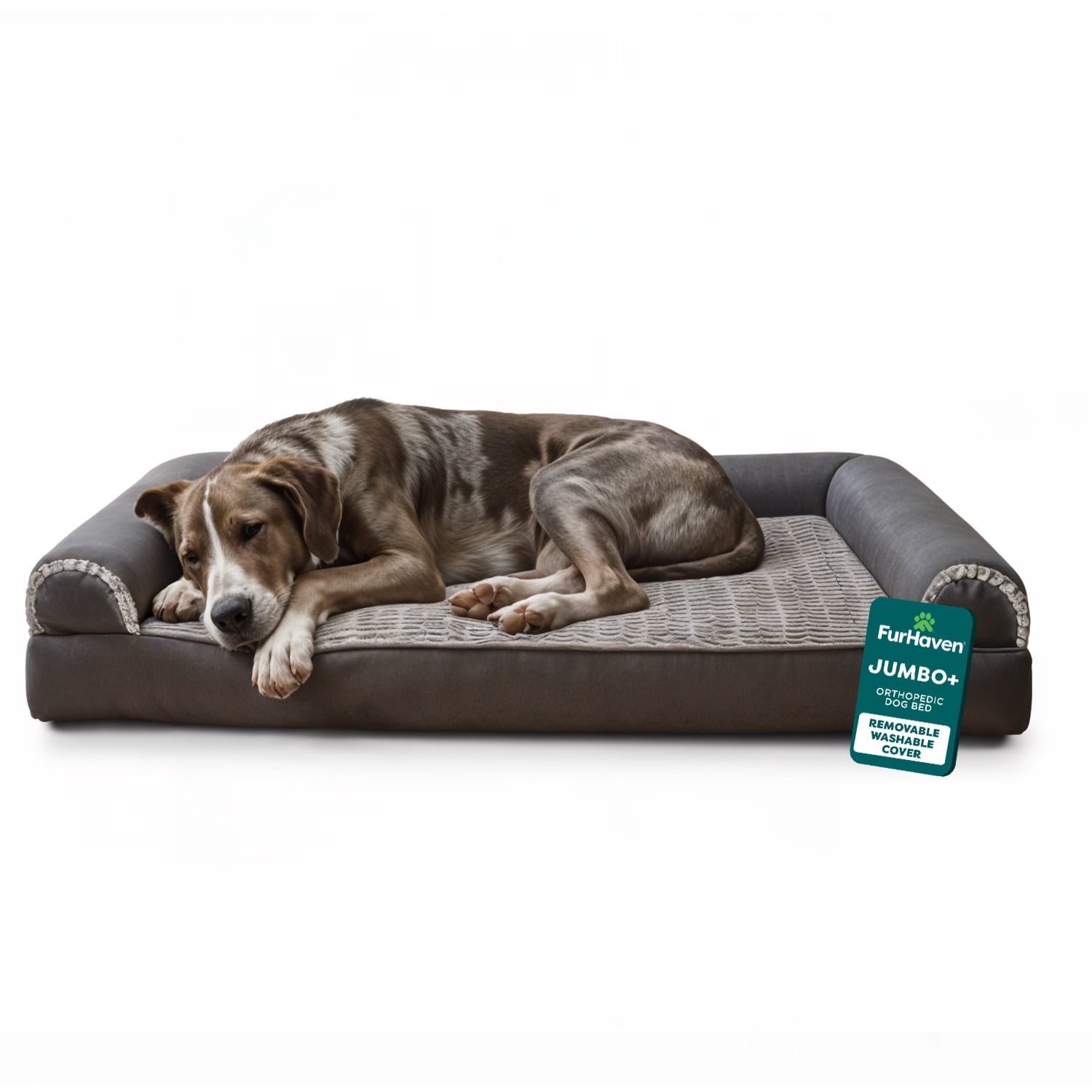 FurHaven Pet Products Luxe Fur & Performance Linen Orthopedic Sofa Pet Bed for Dogs & Cats - Charcoal, Jumbo Plus