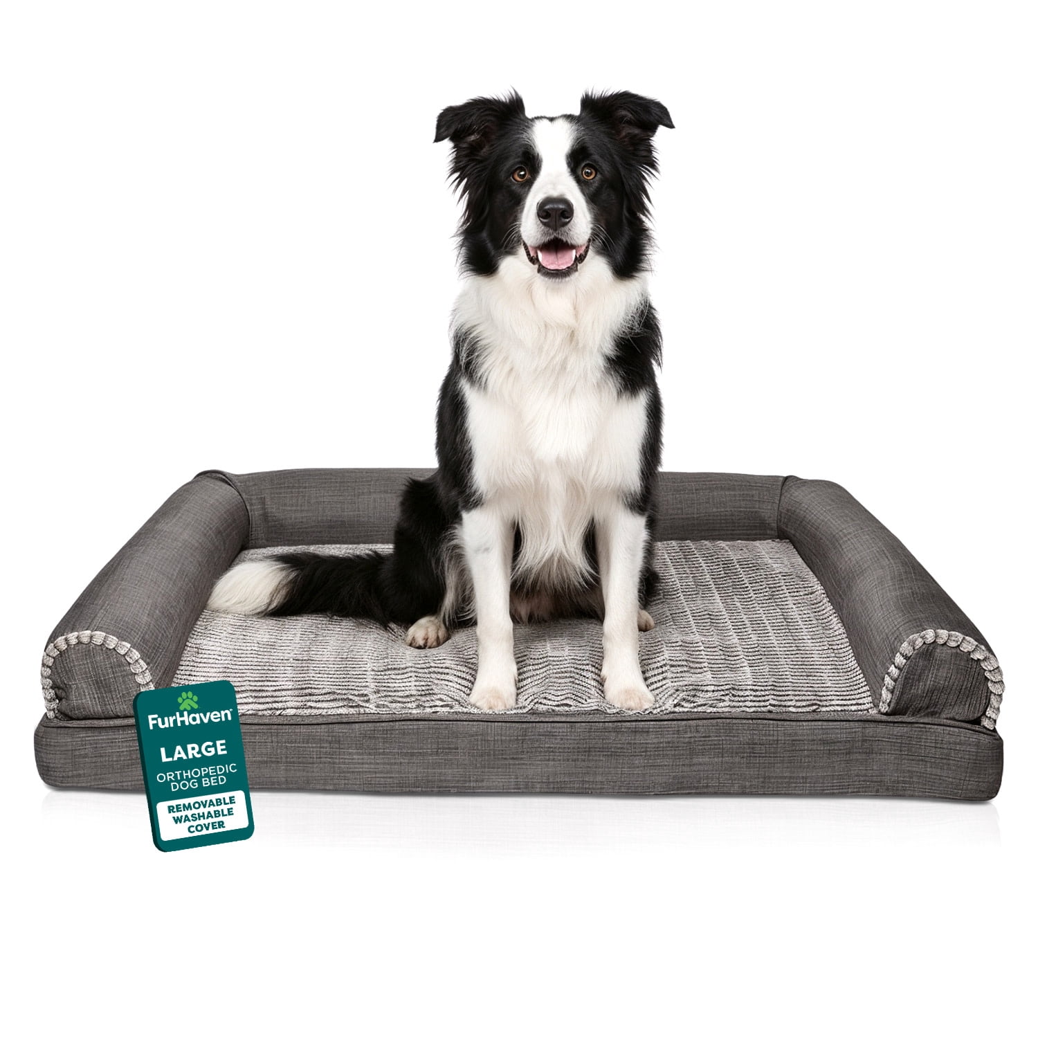 FurHaven Pet Products Luxe Fur & Performance Linen Orthopedic Sofa Pet Bed for Dogs & Cats - Charcoal, Large