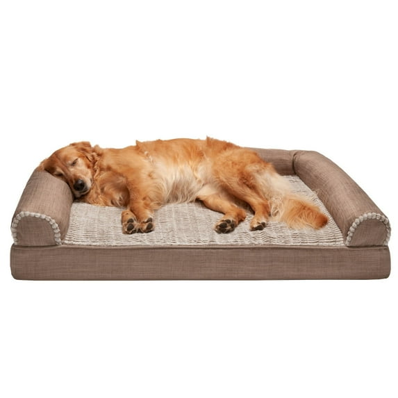 FurHaven Pet Products Luxe Fur & Performance Linen Orthopedic Sofa Pet Bed for Dogs & Cats - Woodsmoke, Jumbo