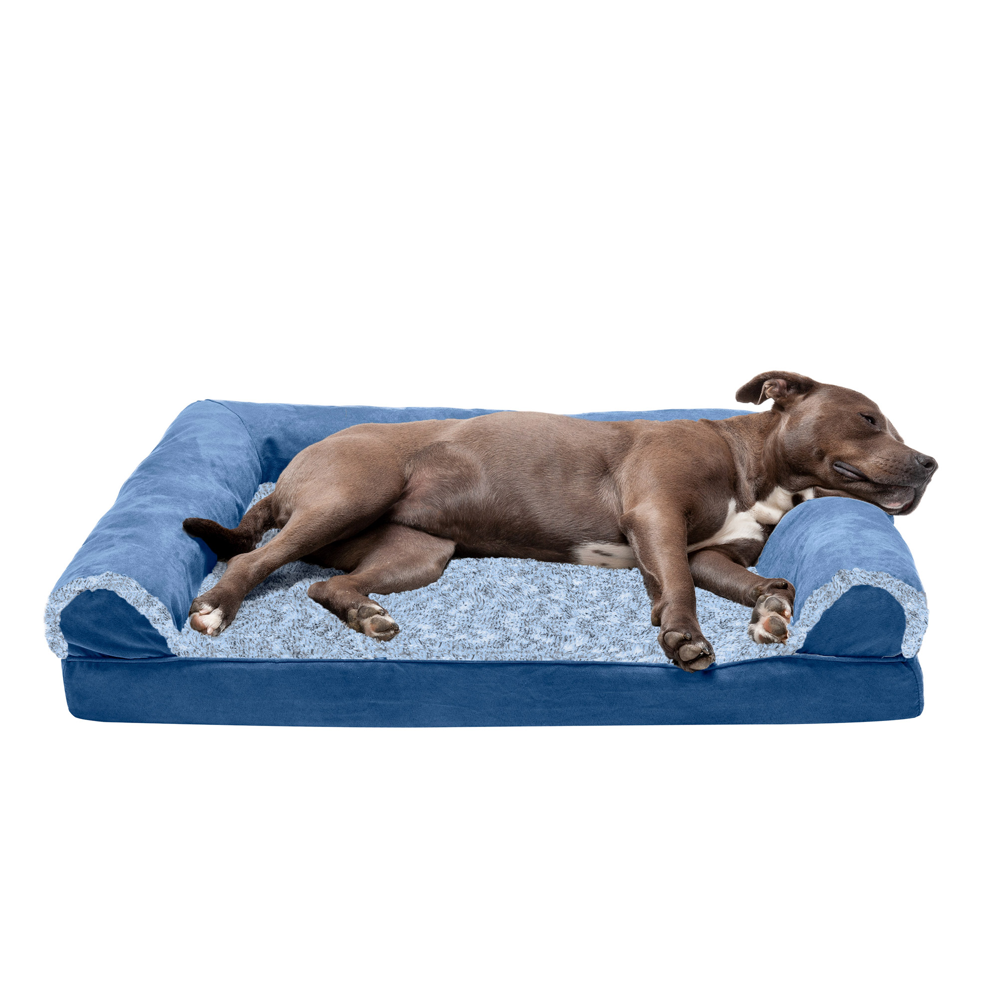 FurHaven Pet Products Orthopedic Two Tone Faux Fur Suede Sofa Style Couch Pet Bed for Dogs Cats Marine Blue Large Walmart