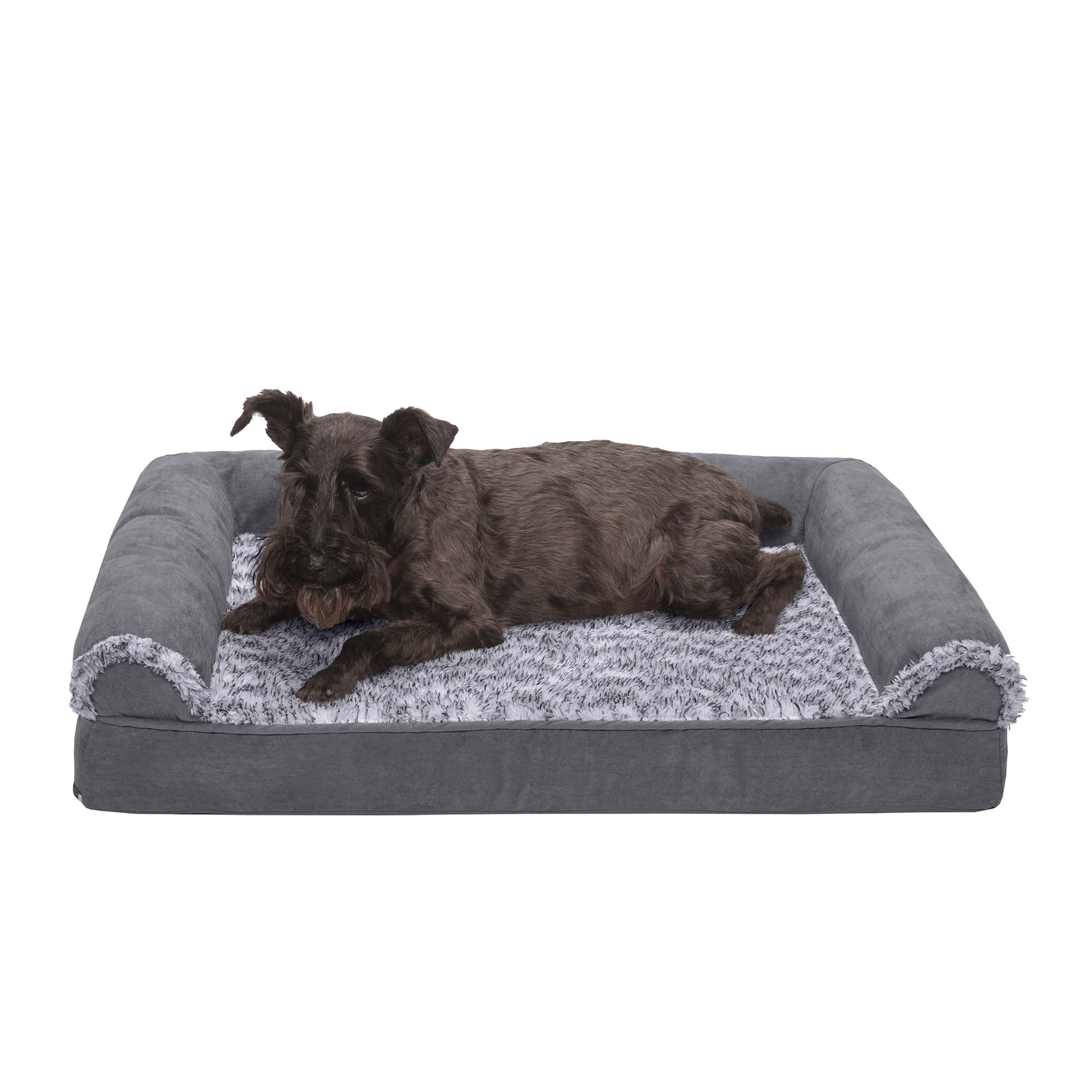 Medium Stone Gray Orthopedic Faux Fur & Suede Sofa Pet Bed