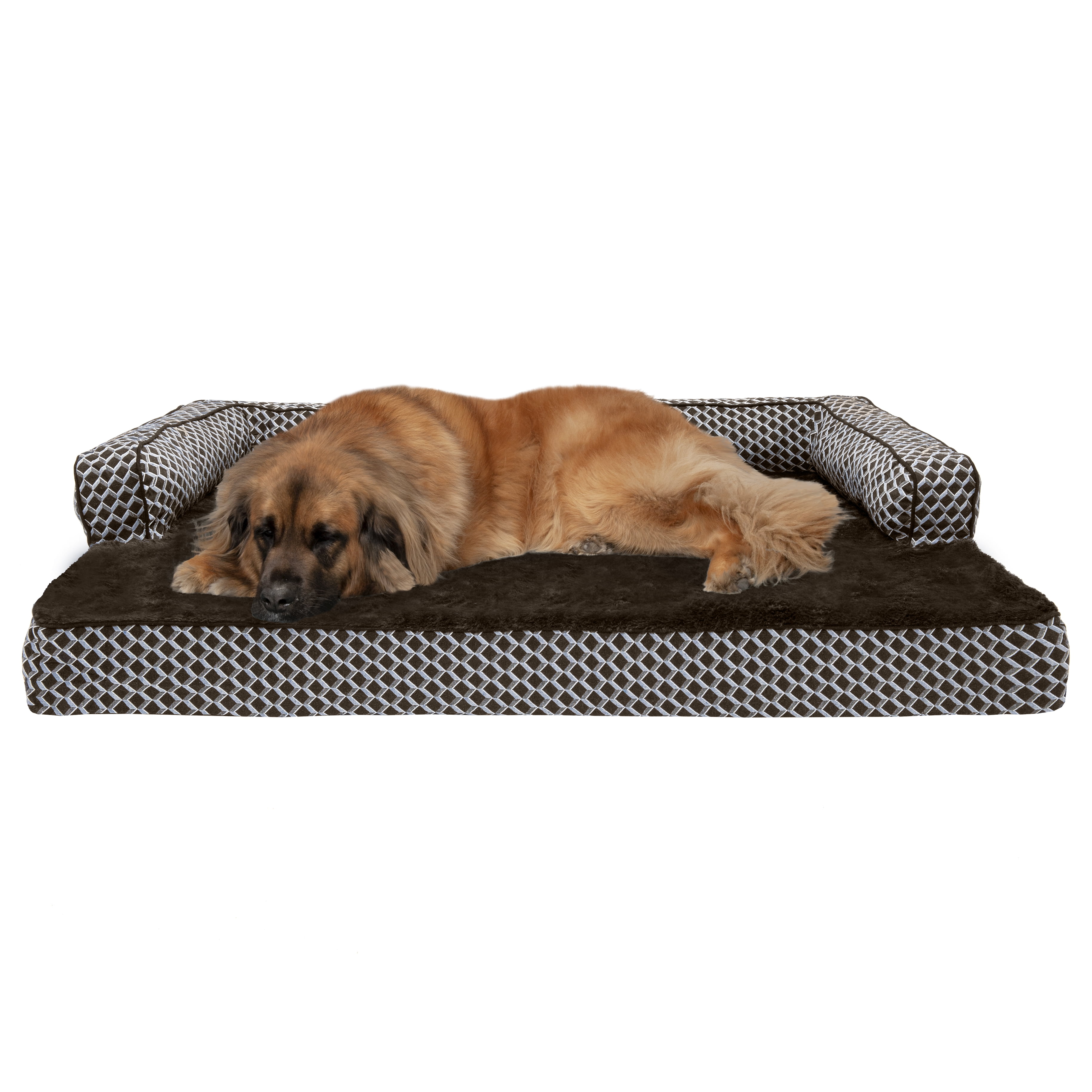 FurHaven Pet Products Plush & Decor Comfy Couch Cooling Gel Top Short Sided Sofa Pet Bed for Dogs & Cats - Diamond Brown, Jumbo Plus