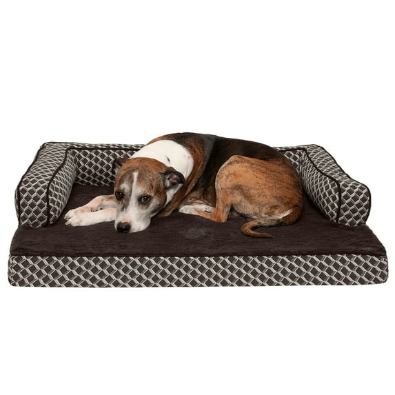 FurHaven Pet Products Plush & Decor Comfy Couch Cooling Gel Top Short Sided Sofa Pet Bed for Dogs & Cats - Diamond Brown, Large