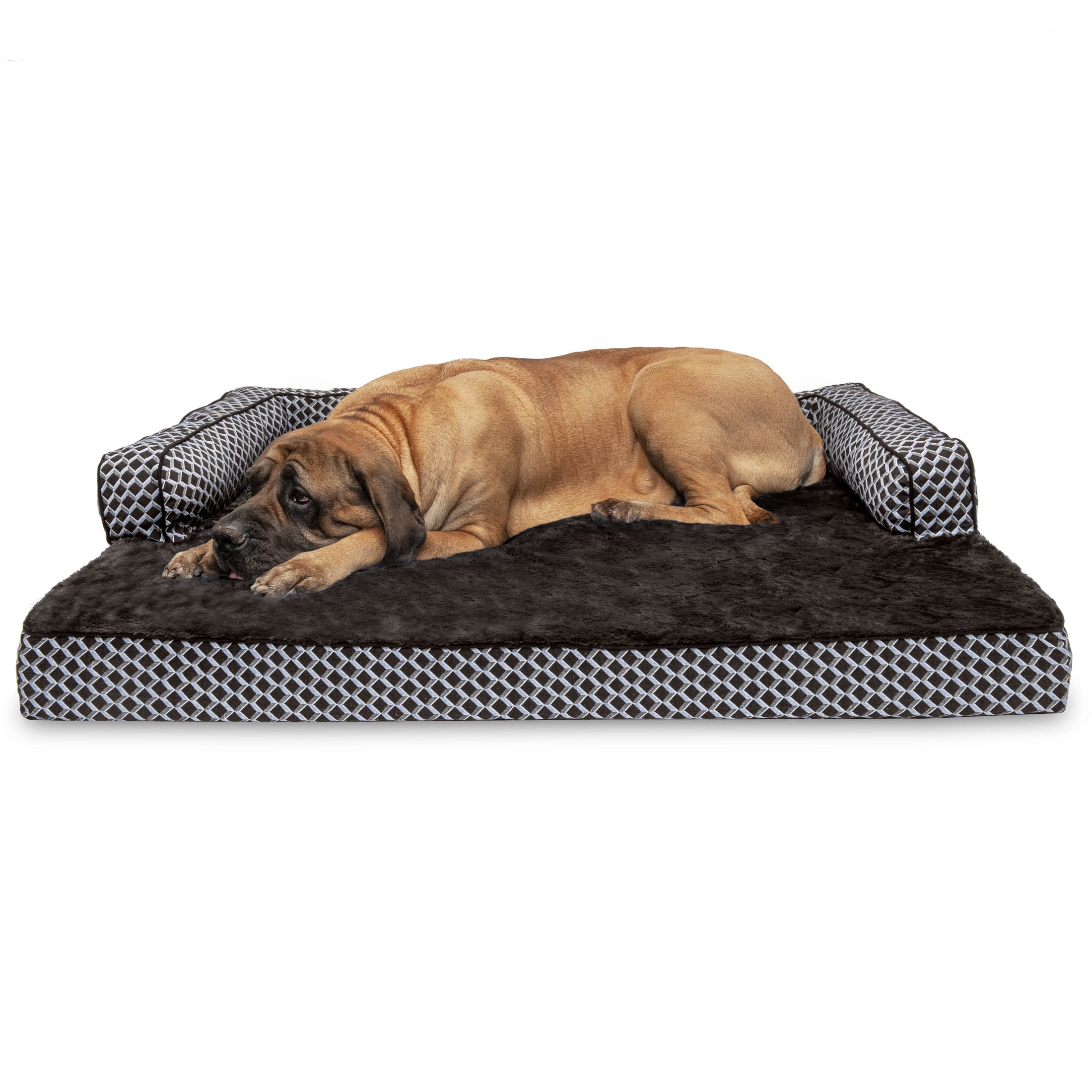 FurHaven Orthopedic Dog Bed for Large Dogs, Comfy Couch Sofa, Egg Crate with a Solid Orthopedic Foam Base for Joint Support, Removable Washable Cover, Jumbo Plus/XXL, Plush & Woven, Diamond Brown, 1