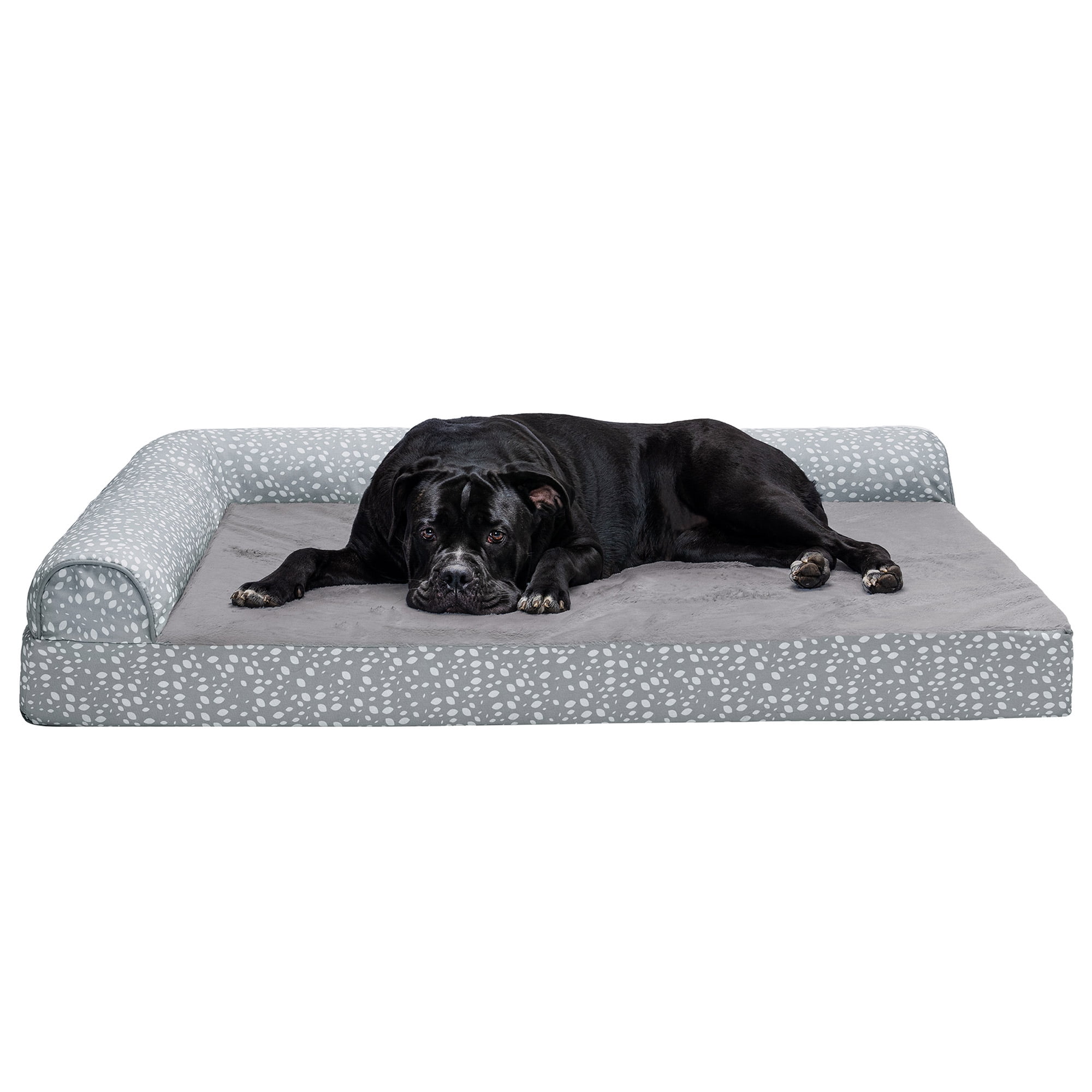 FurHaven Pet Products Plush Faux Fur & Almond Print Orthopedic Deluxe L-Chaise Sofa Pet Bed for Dogs & Cats - Gray Almonds, Jumbo Plus