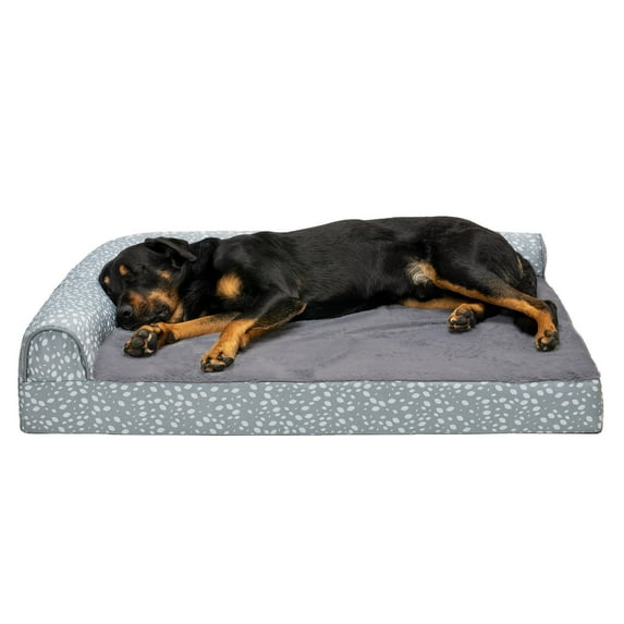 FurHaven Pet Products Plush Faux Fur & Almond Print Orthopedic Deluxe L-Chaise Sofa Pet Bed for Dogs & Cats - Gray Almonds, Jumbo