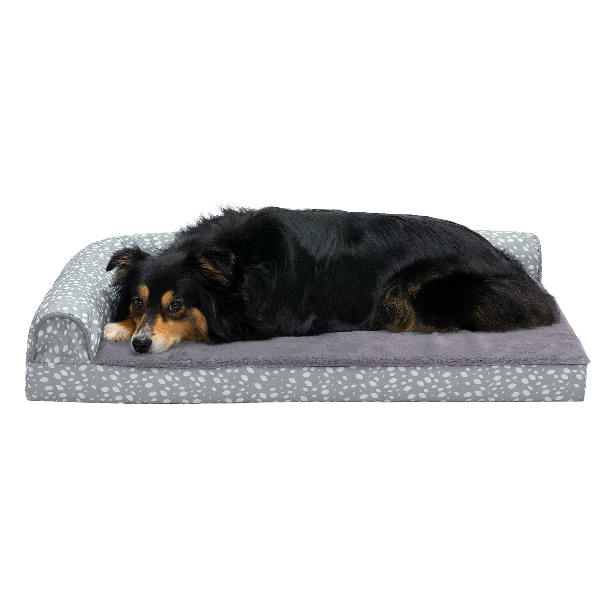 FurHaven Pet Products Plush Faux Fur & Almond Print Orthopedic Deluxe L-Chaise Sofa Pet Bed for Dogs & Cats - Gray Almonds, Large